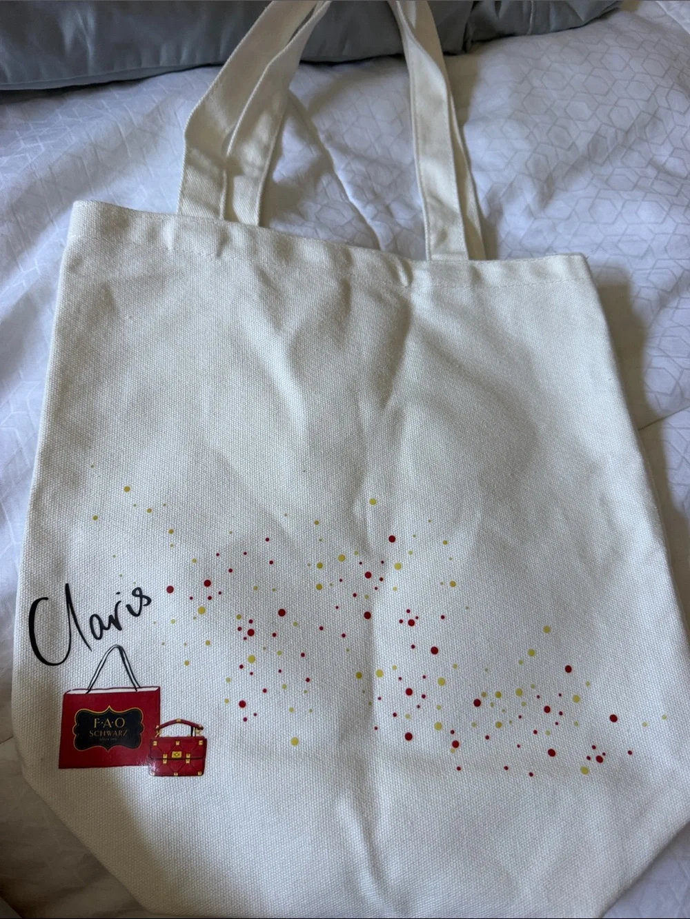 FAO Schwarz Cream Tote with Red Mouse Shopper Illustration and Gold Accents